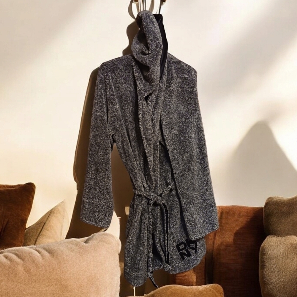 DKNY Soft & Fuzzy Cozy Hooded Robe Belted Charcoal Ladies Medium Open w/ Pockets